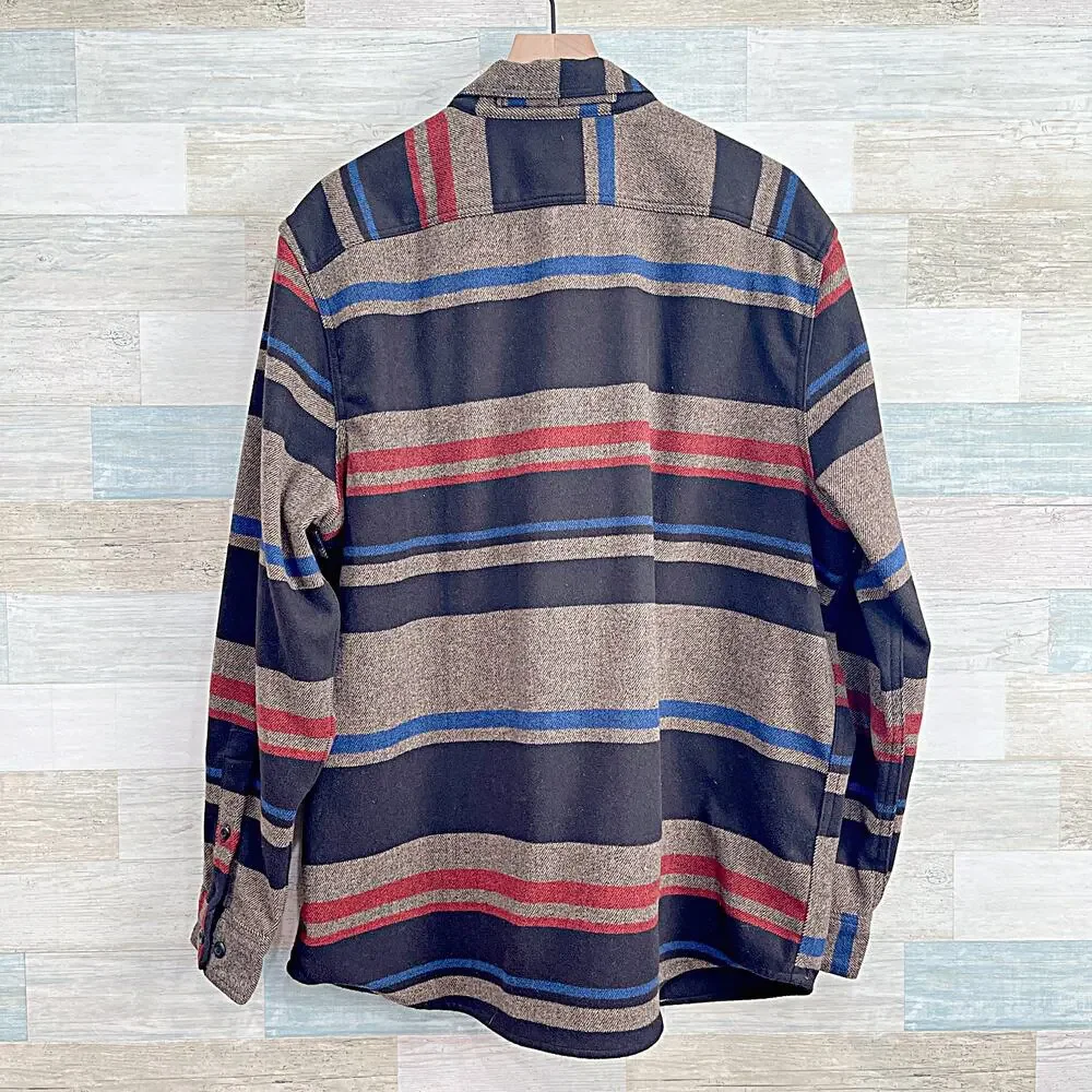 Banana Republic Striped Melton Thick Flannel Shirt Brown Blue Wool Blend Mens XL